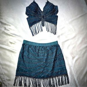 NWOTs /Two Piece Fringe Embroidery Beaded Set / Butterfly Top w/Skirt // S
